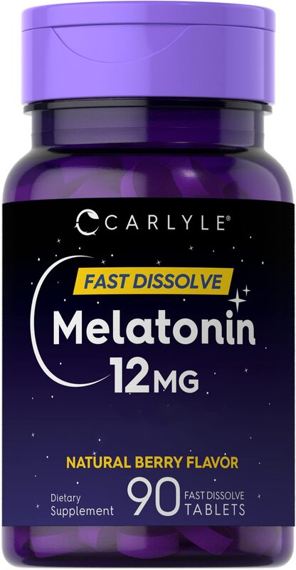 Carlyle Melatonin 12 mg Fast Dissolve 90 Tablets. Natural Berry Flavor. Vegetarian, Non-GMO, Gluten Free